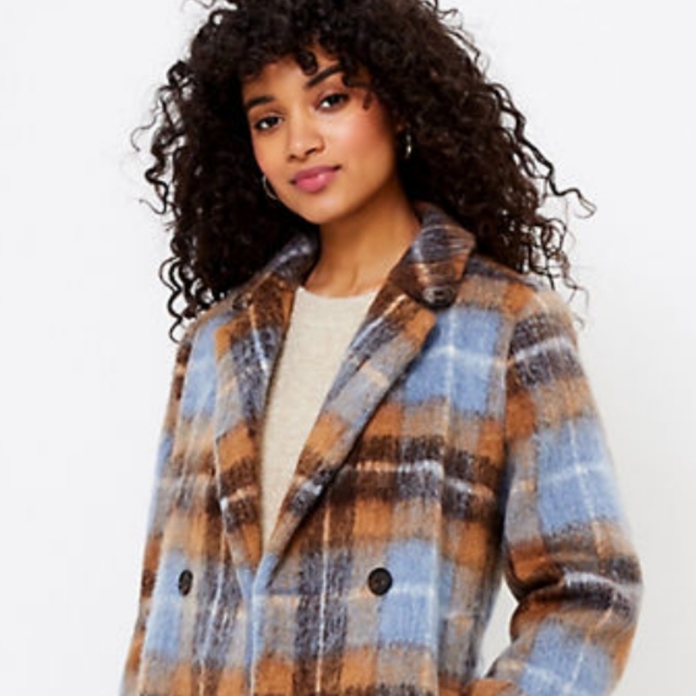 LOFT- Wool Coat, blue and brown plaid print